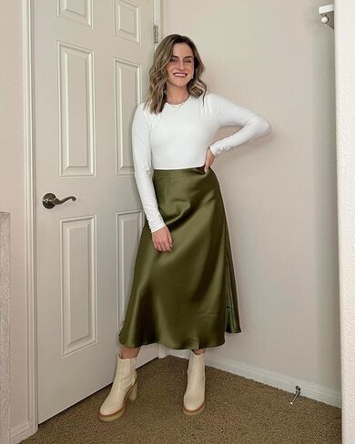 HOTOUCH Womens Midi Skirt High Waisted Solid Satin Dress Zipper Elegant Work Skirts in Kuwait