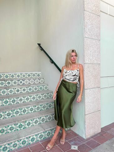 HOTOUCH Womens Midi Skirt High Waisted Solid Satin Dress Zipper Elegant Work Skirts in Kuwait