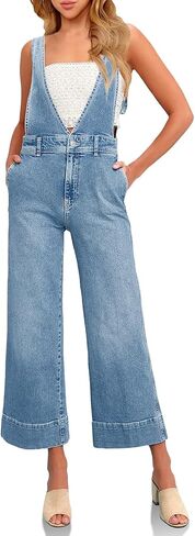 PLNOTME Womens Casual Denim Overalls Loose Fit Deep V Neck Adjustable Strap Cropped Jeans Jumpsuits with Pockets in Saudi Arabia