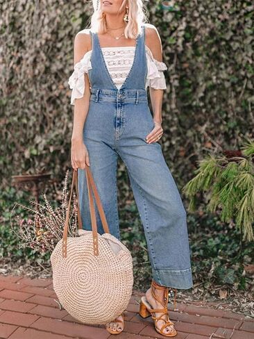 PLNOTME Womens Casual Denim Overalls Loose Fit Deep V Neck Adjustable Strap Cropped Jeans Jumpsuits with Pockets in Saudi Arabia