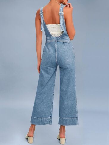 PLNOTME Womens Casual Denim Overalls Loose Fit Deep V Neck Adjustable Strap Cropped Jeans Jumpsuits with Pockets in Saudi Arabia