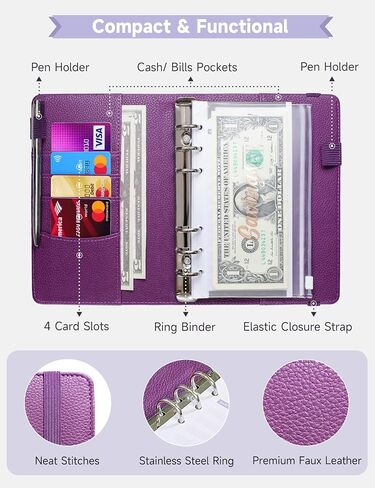 A6 Budget Binder with 10 Zipper Envelopes, PU Leather Money Binder Organizer for Cash Envelope Binder for Budgeting, Savings Binder with Budget Sheets & Stickers, Budget Organizer for Cash in Saudi Arabia