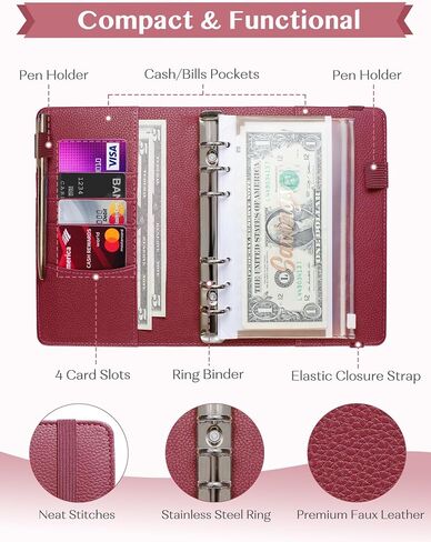A6 Budget Binder with 10 Zipper Envelopes, PU Leather Money Binder Organizer for Cash Envelope Binder for Budgeting, Savings Binder with Budget Sheets & Stickers, Budget Organizer for Cash in Saudi Arabia