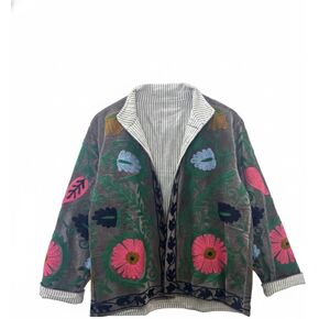 Embroidered Floral Jacket, Gray Velvet, Striped Lining, Colorful Flower Design, Open Front, Reversible Style in Saudi Arabia