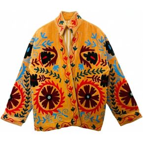 جاكيت سوزاني مطرز، برتقالي، نمط زهور، أكمام طويلة، مفتوح من الأمام، طراز بوهيمي in Kuwait