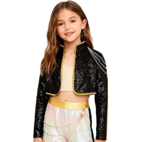 TiaoBug Kids Girls Role Play Singer Dress Coat Daily Wear Halloween Dance Outing School Jacket with Chains Black 14 Years in Kuwait