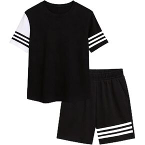الأولاد ملابس قصيرة الأكمام المرقعة مخطط تي شيرت أعلى السراويل مجموعات ملابس الصيف غير رسمية للأطفال 4-12 سنة in Kuwait