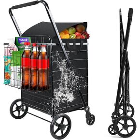 عربة تسوق قابلة للطي شديدة التحمل بوزن 450 رطلًا مع سلال مزدوجة - سعة 39.5 جالون، وعجلات لجميع التضاريس وبطانة مقاومة للماء | عربة المرافق التجارية للبقالة والمستودعات والسفر in Kuwait