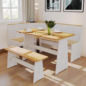 Breakfast Nook Table Set - Corner Kitchen Dining Table Set for 4-6 People, Solid Pine Wood Modern Farmhouse Dining Room Set with L-Shaped Bench, Space-Saving for Small Spaces & Apartments, White in Kuwait