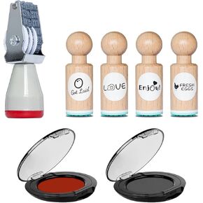 مجموعة طوابع تاريخ البيض (4 قطع طوابع بيض صغيرة + تاريخ بيض + وسادات حبر سريعة الجفاف باللون الأسود/الأحمر) - قلم تحديد بيض بنص شفاف، ختم بيض للبيض الطازج، طوابع تاريخ بيض للدجاج in Kuwait