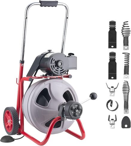 VEVOR 75FT x 1/2 Inch Drain Cleaning Machine 370W Sewer Snake Auger Cleaner Electric Clog Remover Plumbing Tool with 4 Cutters & Air-Activated Foot Switch for 1" to 4" Pipes, Red, Black in Saudi Arabia