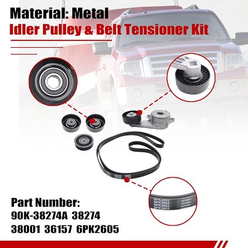 طقم شد الحزام والبكرة الوسيطة من SecosAutoparts، متوافق مع Ford F150 F250 F350 Explorer Lobo Expedition 2005-2014، مناسب لسيارة Lincoln Navigator 2010-2014# 90K-38274A 38274 38001 36157 6PK2605 in Saudi Arabia