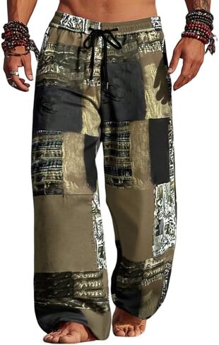 Men's Boho Style Patchwork Pants – Color Block Straight-Leg Trousers with Drawstring Waist for Casual Outdoor Wear in Saudi Arabia