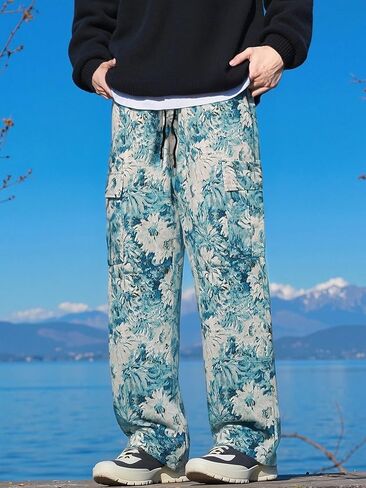 Men's Artistic Oil Painting Print Workwear Pants - Quick-Dry Fabric with Elastic Waist for Outdoor Comfort in Saudi Arabia