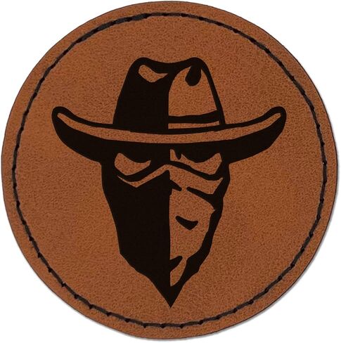 Masked Cowboy Bandit Highwayman with Hat and Bandana Round Iron-On Engraved Faux Leather Patch Applique - 2.5 Inch - Brown in Saudi Arabia