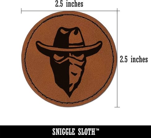 Masked Cowboy Bandit Highwayman with Hat and Bandana Round Iron-On Engraved Faux Leather Patch Applique - 2.5 Inch - Brown in Saudi Arabia