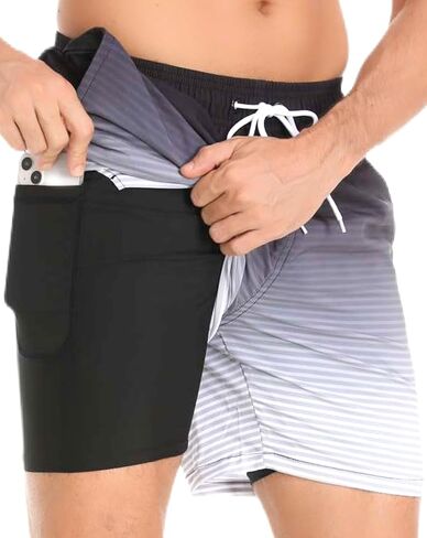 Men's Swim Trunks with Compression Liner - Quick Dry 2 in 1 Anti-Chafe Board Shorts with Zipper Pockets & Liner Pocket in Saudi Arabia