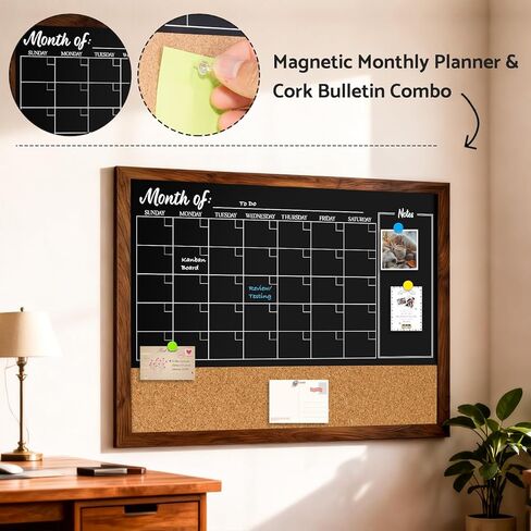 DOLLAR BOSS Chalkboard Calendar Corkboard Combo, 24" x 18" Magnetic Chalk Board Monthly Planner & Natural Cork Bulletin Rustic Wood Frame for Office Home School with 4 Markers, 8 Magnets, 10 Pins in Saudi Arabia
