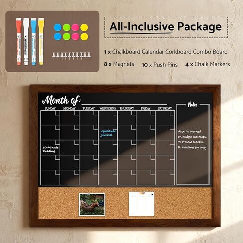 DOLLAR BOSS Chalkboard Calendar Corkboard Combo, 24" x 18" Magnetic Chalk Board Monthly Planner & Natural Cork Bulletin Rustic Wood Frame for Office Home School with 4 Markers, 8 Magnets, 10 Pins in Saudi Arabia