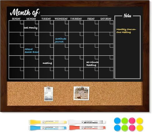 DOLLAR BOSS Chalkboard Calendar Corkboard Combo, 24" x 18" Magnetic Chalk Board Monthly Planner & Natural Cork Bulletin Rustic Wood Frame for Office Home School with 4 Markers, 8 Magnets, 10 Pins in Saudi Arabia