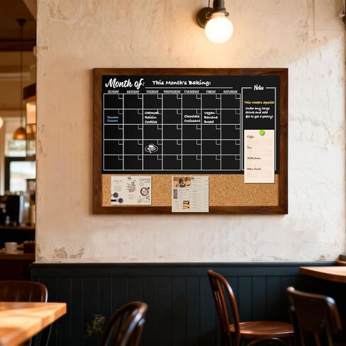 DOLLAR BOSS Chalkboard Calendar Corkboard Combo, 24" x 18" Magnetic Chalk Board Monthly Planner & Natural Cork Bulletin Rustic Wood Frame for Office Home School with 4 Markers, 8 Magnets, 10 Pins in Saudi Arabia