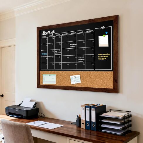 DOLLAR BOSS Chalkboard Calendar Corkboard Combo, 24" x 18" Magnetic Chalk Board Monthly Planner & Natural Cork Bulletin Rustic Wood Frame for Office Home School with 4 Markers, 8 Magnets, 10 Pins in Saudi Arabia