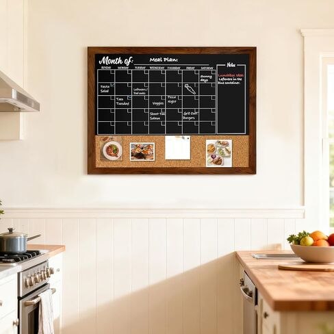 DOLLAR BOSS Chalkboard Calendar Corkboard Combo, 24" x 18" Magnetic Chalk Board Monthly Planner & Natural Cork Bulletin Rustic Wood Frame for Office Home School with 4 Markers, 8 Magnets, 10 Pins in Saudi Arabia