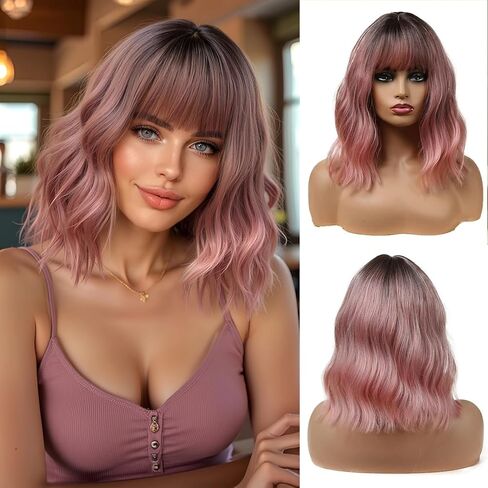 شعر مستعار قصير مموج وردي من Esmee مع هامش بطول الكتف شعر مستعار صناعي مموج ومجعد للنساء - 12 بوصة in Kuwait