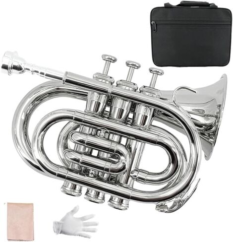 Pocket Trumpet Brass Bb Flat Trumpet Portable with 7C Mouthpiece,Hard Case,Cleaning Kit,Strap,Gloves for Beginners,Christmas Birthday Gift. (black) in Saudi Arabia