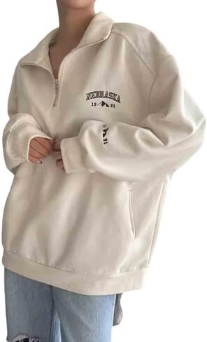 Gothic Hip Hop Women's Casual Pullover Hoodie Embroidery Loose Fit Long Sleeve Semi Zip Sweatshirt Oversized in Saudi Arabia