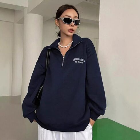 Gothic Hip Hop Women's Casual Pullover Hoodie Embroidery Loose Fit Long Sleeve Semi Zip Sweatshirt Oversized in Saudi Arabia