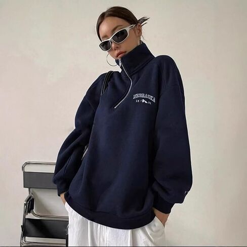 Gothic Hip Hop Women's Casual Pullover Hoodie Embroidery Loose Fit Long Sleeve Semi Zip Sweatshirt Oversized in Saudi Arabia