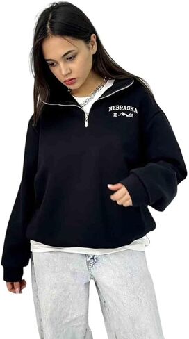 Gothic Hip Hop Women's Casual Pullover Hoodie Embroidery Loose Fit Long Sleeve Semi Zip Sweatshirt Oversized in Saudi Arabia