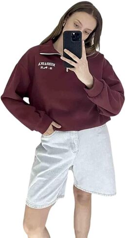 Gothic Hip Hop Women's Casual Pullover Hoodie Embroidery Loose Fit Long Sleeve Semi Zip Sweatshirt Oversized in Saudi Arabia