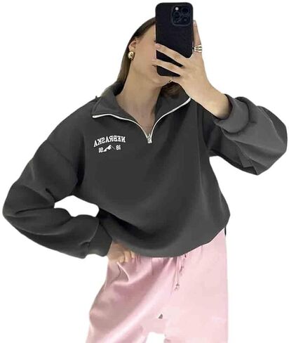 Gothic Hip Hop Women's Casual Pullover Hoodie Embroidery Loose Fit Long Sleeve Semi Zip Sweatshirt Oversized in Saudi Arabia