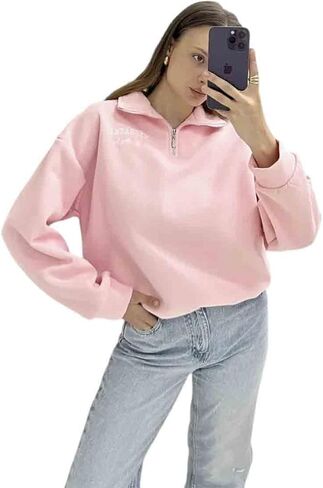 Gothic Hip Hop Women's Casual Pullover Hoodie Embroidery Loose Fit Long Sleeve Semi Zip Sweatshirt Oversized in Saudi Arabia
