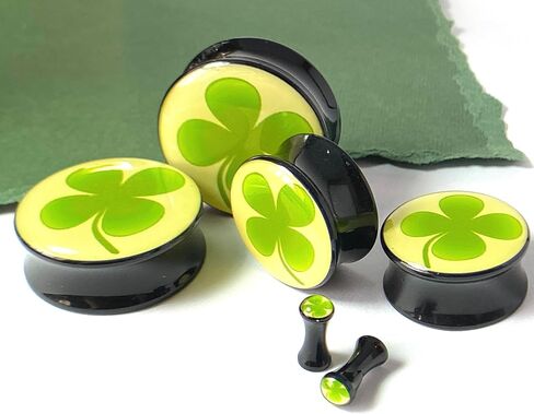 PAIR of Unique Four Leaf Clover Double Flare Saddle Plugs - Gauges - Tunnels - Shamrock - St. Patricks Day - Body Jewelry in Saudi Arabia