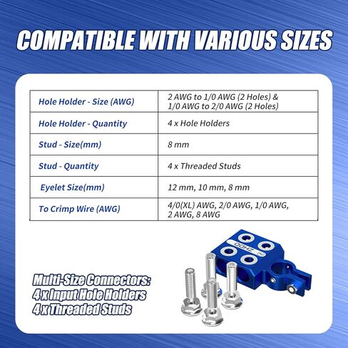 Lead Acid Battery Terminal Connector,8AWG up to 4/0 AWG Gauge Multi Cable Connection Clamp Extender (4 Holders (2/0 AWG, 1/0 AWG)+4 Studs (8 mm), 8-Way) in Kuwait