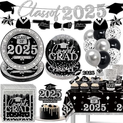 Zhynice 121PCS Graduation Party Plates and Napkins, Black and Silver Graduation Decorations Class of 2024 Grad Cups Tablecloth Disposable Dinnerware Set for Congrats Grad Party Supplies Serve 30 in Kuwait