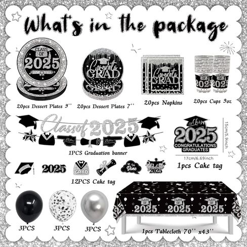 Zhynice 121PCS Graduation Party Plates and Napkins, Black and Silver Graduation Decorations Class of 2024 Grad Cups Tablecloth Disposable Dinnerware Set for Congrats Grad Party Supplies Serve 30 in Kuwait