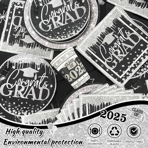 Zhynice 121PCS Graduation Party Plates and Napkins, Black and Silver Graduation Decorations Class of 2024 Grad Cups Tablecloth Disposable Dinnerware Set for Congrats Grad Party Supplies Serve 30 in Kuwait