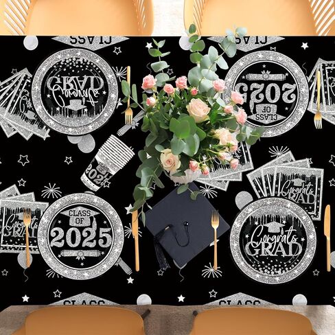 Zhynice 121PCS Graduation Party Plates and Napkins, Black and Silver Graduation Decorations Class of 2024 Grad Cups Tablecloth Disposable Dinnerware Set for Congrats Grad Party Supplies Serve 30 in Kuwait