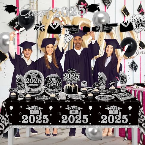 Zhynice 121PCS Graduation Party Plates and Napkins, Black and Silver Graduation Decorations Class of 2024 Grad Cups Tablecloth Disposable Dinnerware Set for Congrats Grad Party Supplies Serve 30 in Kuwait
