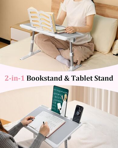 مكتب كمبيوتر محمول للسرير، مكاتب كمبيوتر محمول ذات ارتفاع وزاوية قابلة للتعديل للبالغين، مكتب كمبيوتر محمول مع حامل كتب للسرير والأريكة والكتابة على الأرض والعمل والقراءة وتناول الطعام، أبيض in Kuwait