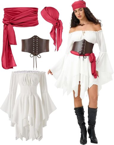Women's Pirate Costume Set: Off Shoulder Renaissance Dress & Elastic Corset Cosplay, Pirate Festival Outfit in Kuwait
