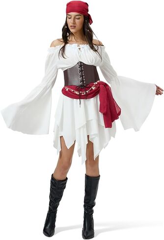 Women's Pirate Costume Set: Off Shoulder Renaissance Dress & Elastic Corset Cosplay, Pirate Festival Outfit in Kuwait