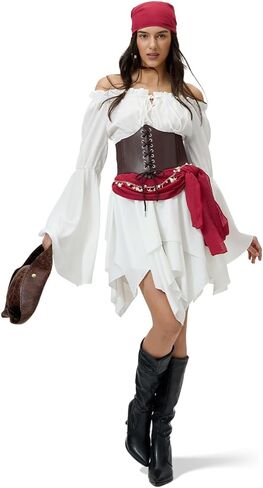 Women's Pirate Costume Set: Off Shoulder Renaissance Dress & Elastic Corset Cosplay, Pirate Festival Outfit in Kuwait