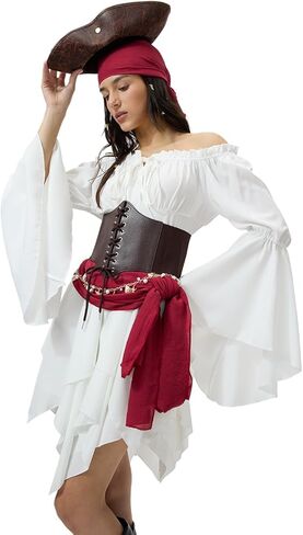 Women's Pirate Costume Set: Off Shoulder Renaissance Dress & Elastic Corset Cosplay, Pirate Festival Outfit in Kuwait