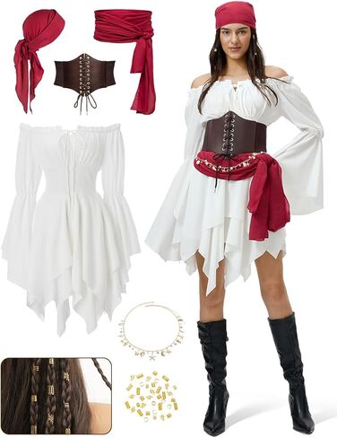 Women's Pirate Costume Set: Off Shoulder Renaissance Dress & Elastic Corset Cosplay, Pirate Festival Outfit in Kuwait