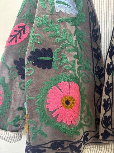 Embroidered Floral Jacket, Gray Velvet, Striped Lining, Colorful Flower Design, Open Front, Reversible Style in Saudi Arabia